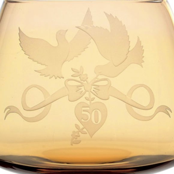 Vintage Amber Golden Anniversary Celebration Glass Bowl 50th Birds Etching - Picture 6 of 6